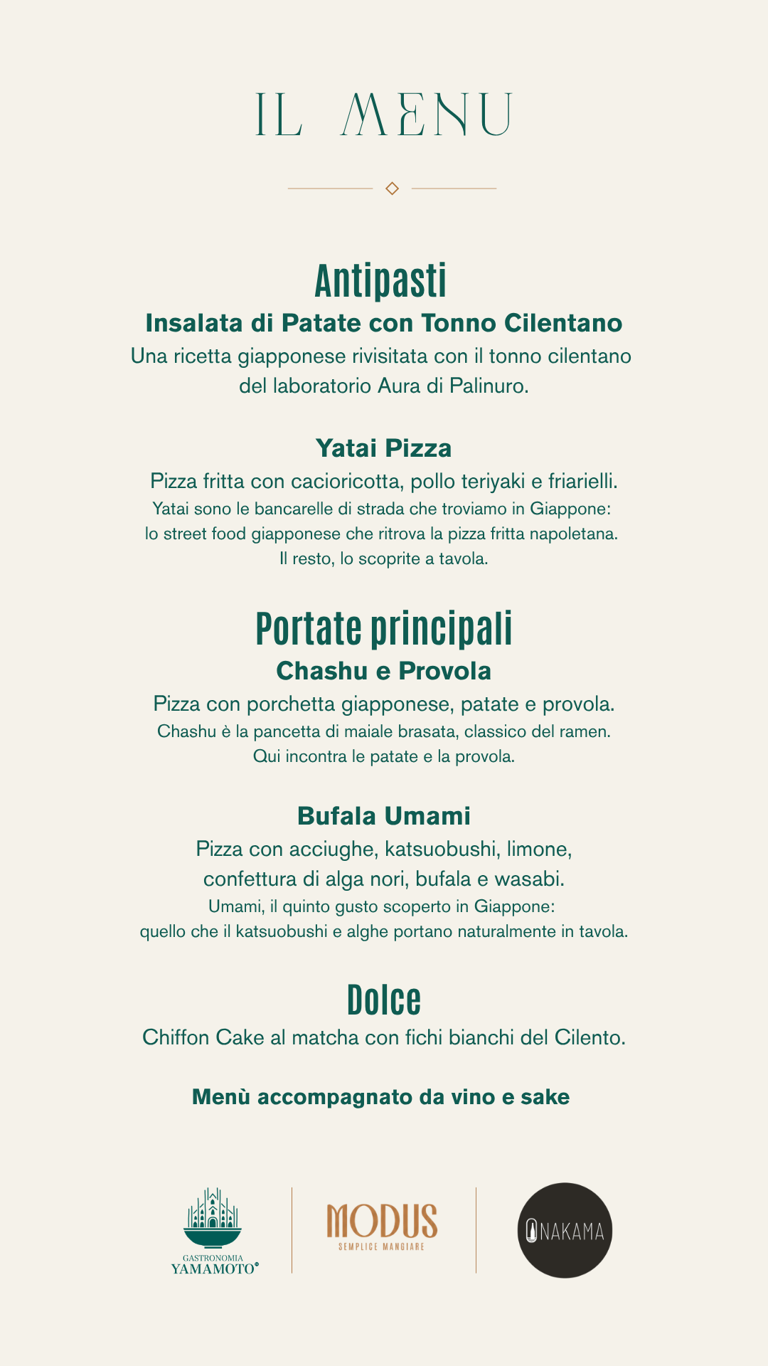 Menu della serata Modus x Yamamoto con antipasti, primi, portate principali e dolce